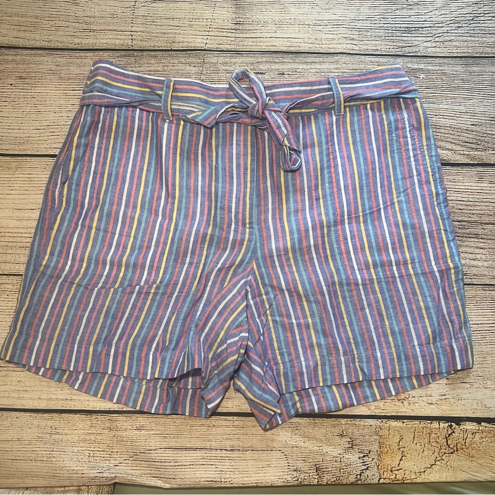 Talbots Linen Blend Tie Waist Striped Shorts Womens Size 12P Pockets Lightweight